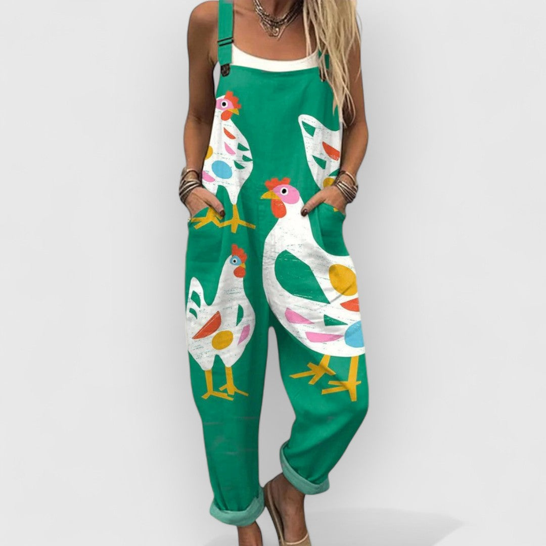 GEORGIANA – PLAYFUL GREEN HEN PRINT JUMPSUIT
