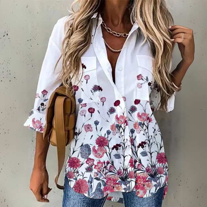 DEMETRIA – BUTTON-UP PRINTED BREEZE BLOUSE