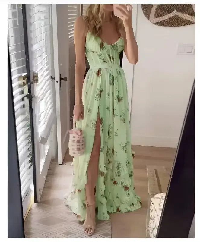ALLISON - ELEGANT FLORAL RUFFLE SLIT DRESS