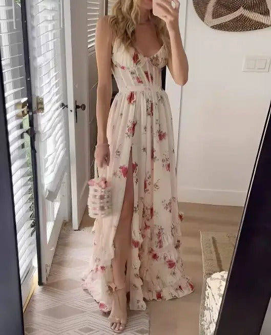 ALLISON - ELEGANT FLORAL RUFFLE SLIT DRESS
