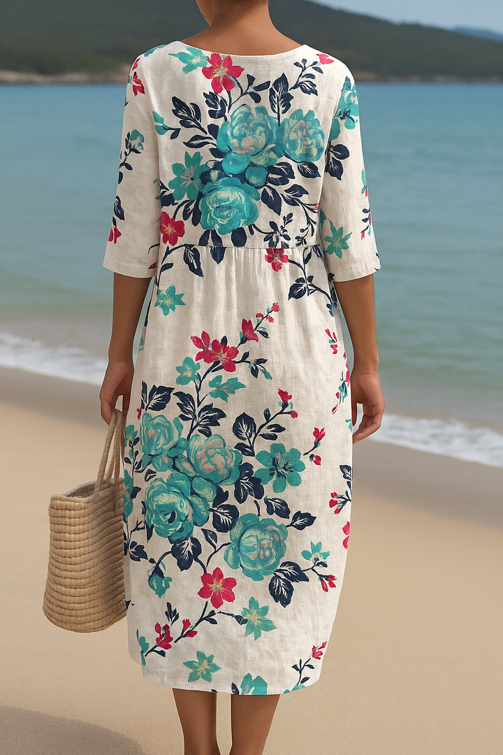 MARLENE – LONG WHITE DRESS WITH TURQUOISE FLOWERS