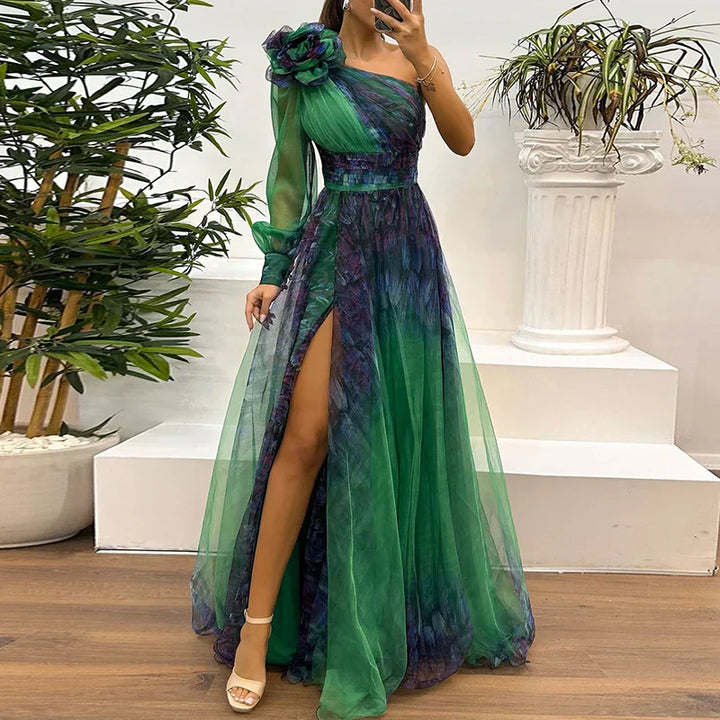 LAURA – ELEGANT ONE-SHOULDER FLORAL DRESS