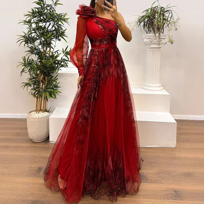 LAURA – ELEGANT ONE-SHOULDER FLORAL DRESS