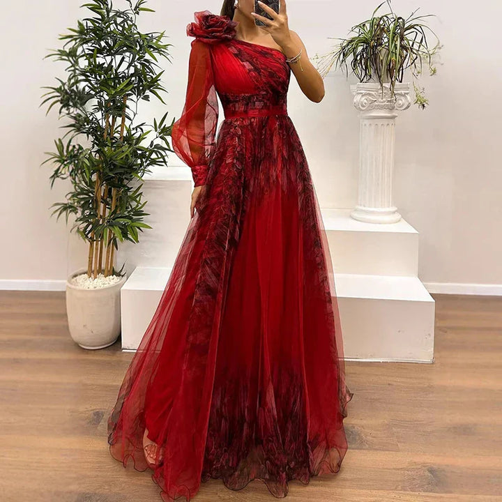 LAURA – ELEGANT ONE-SHOULDER FLORAL DRESS