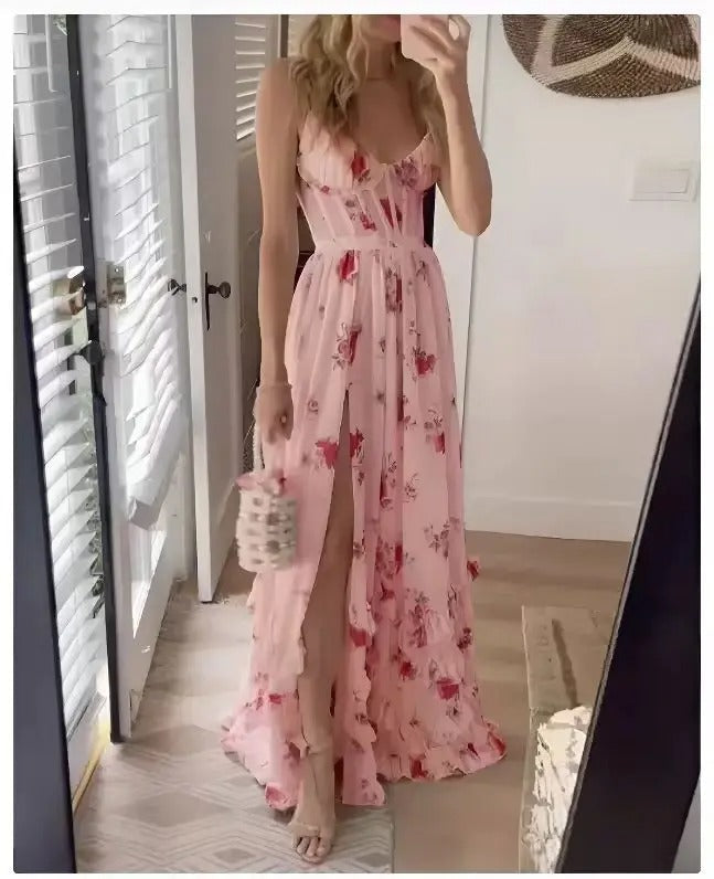 ALLISON - ELEGANT FLORAL RUFFLE SLIT DRESS