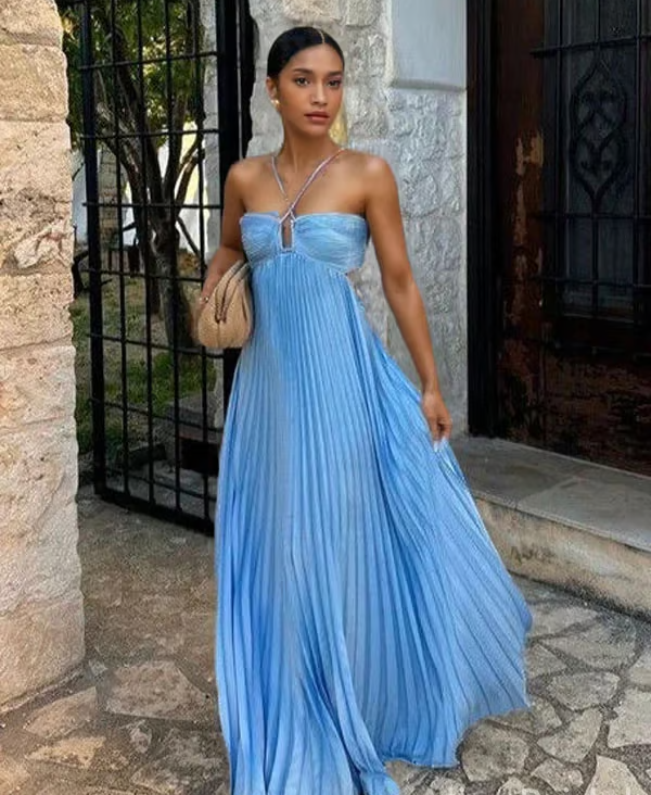 JULIA - ELEGANT PLEATED HALTER MAXI DRESS